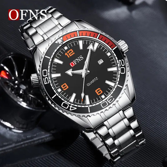 OFNS Men'S Sport Watch - 30m High Quality, Luminous Hands & Calendar, Durable Steel Band, Black Dial with Red Accents