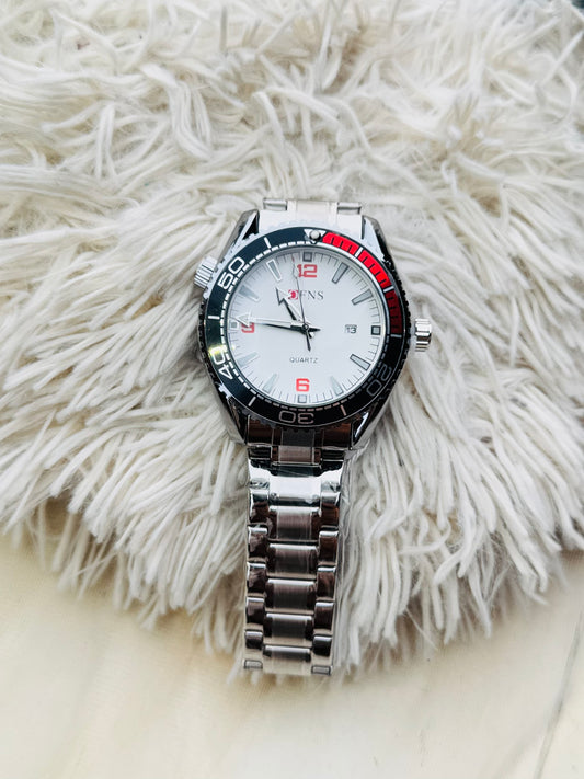 OFNS Men'S Sport Watch - 30m High Quality, Luminous Hands & Calendar, Durable Steel Band, White Dial with Red Accents