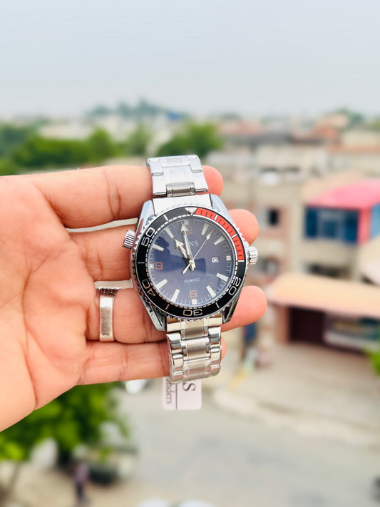 OFNS Men'S Sport Watch - 30m High Quality, Luminous Hands & Calendar, Durable Steel Band, Blue Dial with Red Accents