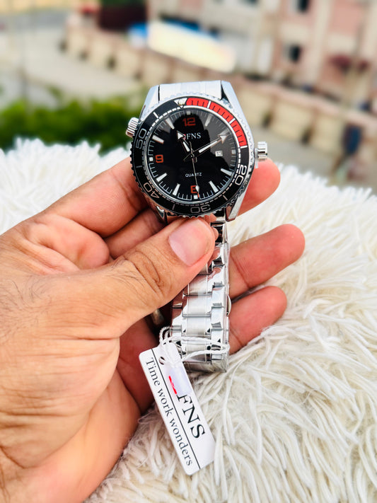 OFNS Men'S Sport Watch - 30m High Quality, Luminous Hands & Calendar, Durable Steel Band, Black Dial with Red Accents
