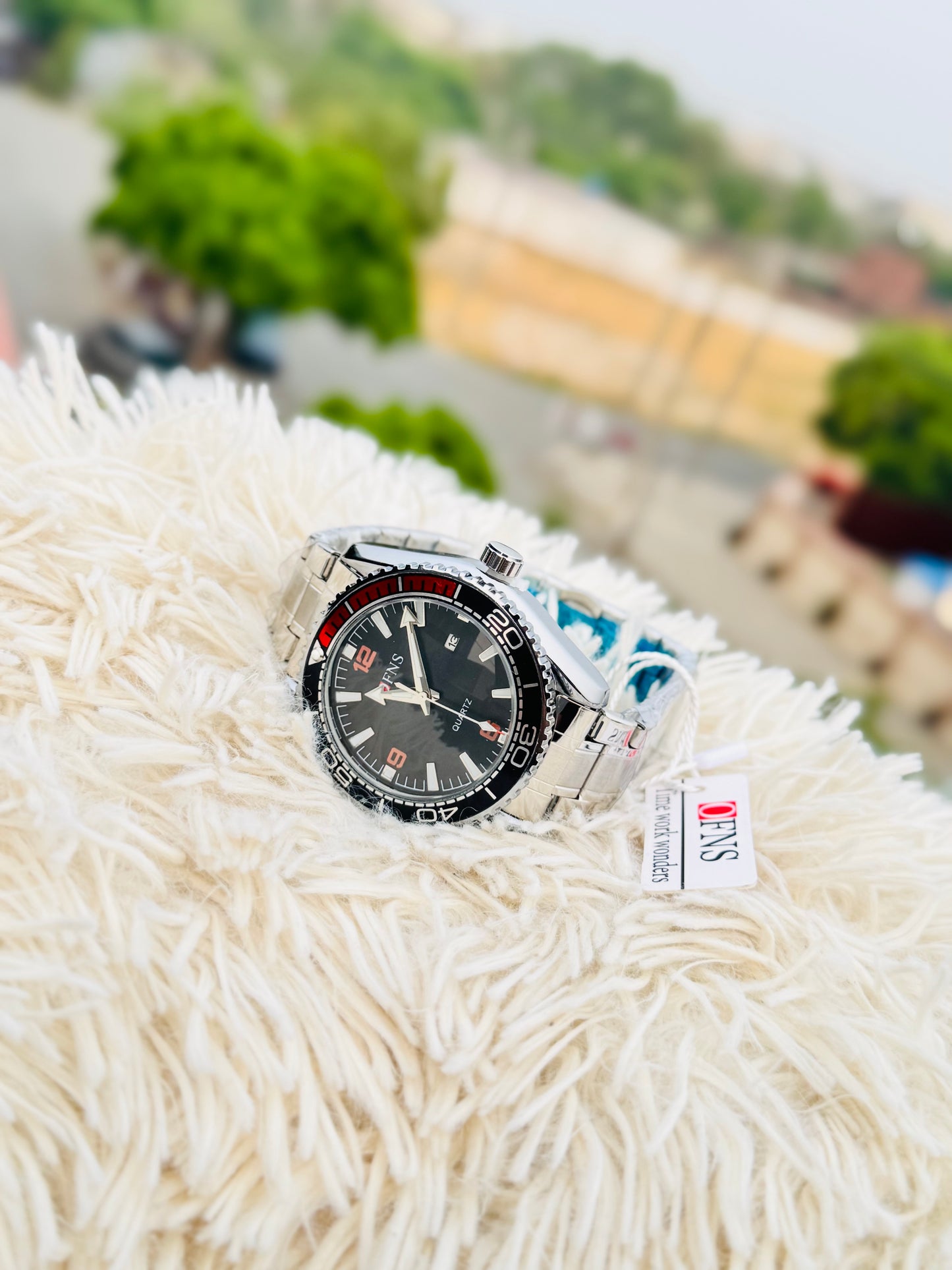 OFNS Men'S Sport Watch - 30m High Quality, Luminous Hands & Calendar, Durable Steel Band, Black Dial with Red Accents