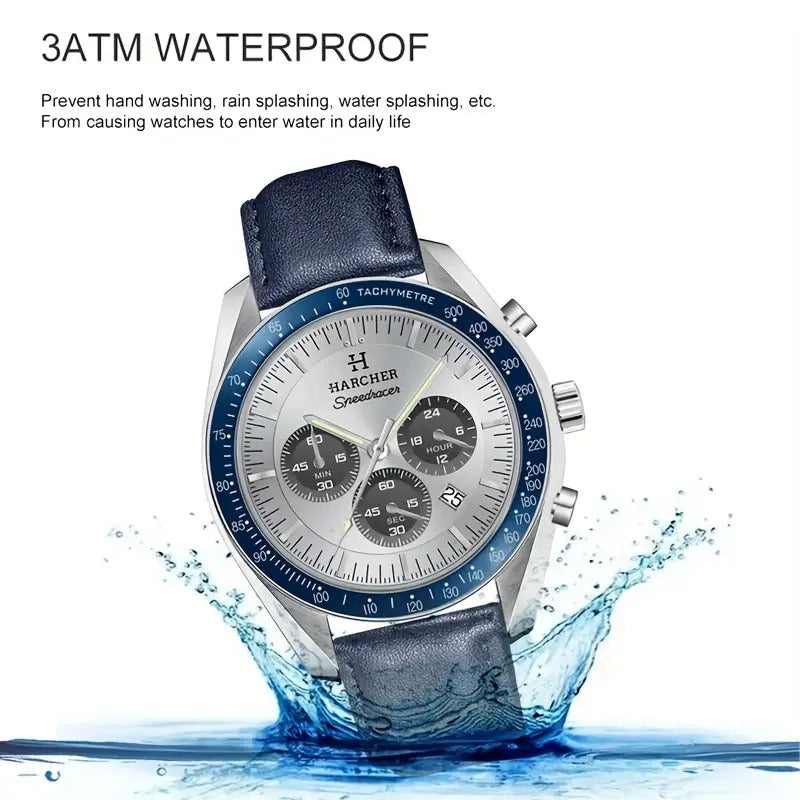 Harcher Elegant Men's Quartz Watch with Chronograph - Waterproof, Faux Leather Strap, Business Style