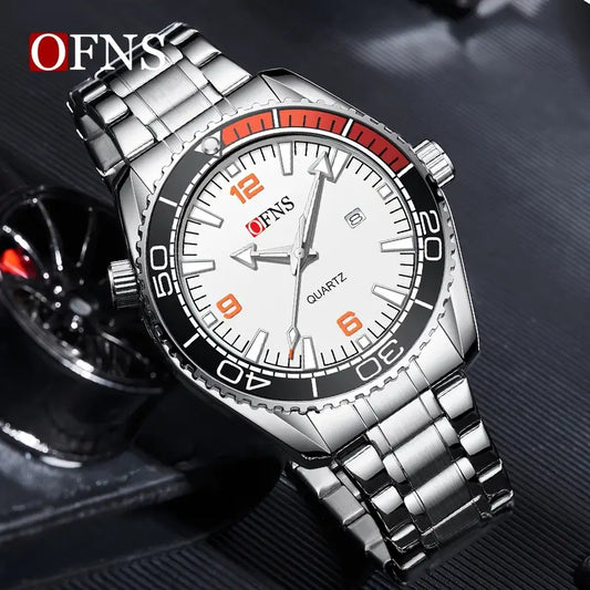 OFNS Men'S Sport Watch - 30m High Quality, Luminous Hands & Calendar, Durable Steel Band, White Dial with Red Accents